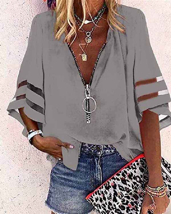 Mujer Camisa Blusa Negro Blanco Amarillo Plano A Rayas Cremallera Manga 3/4 Diario Festivos Básico Negocios Casual Escote en Pico S 2025 - $31.99 –P7