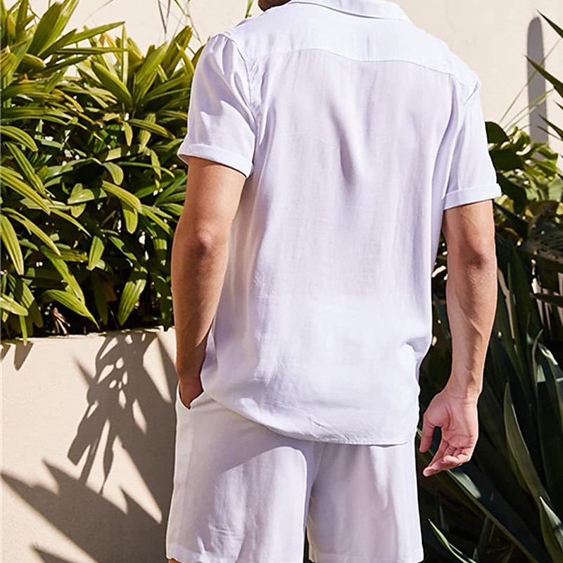 Herr linneskjorta Linneskjorta i bomull Vit bomullsskjorta 2 delar Skjorta set Sommarskjorta Slät Utomhus Gata Svart Vit Armégrön Beige Kortärmad Nedvikt Sommar Kläder Button-Down 2025 - $27.99 –P3