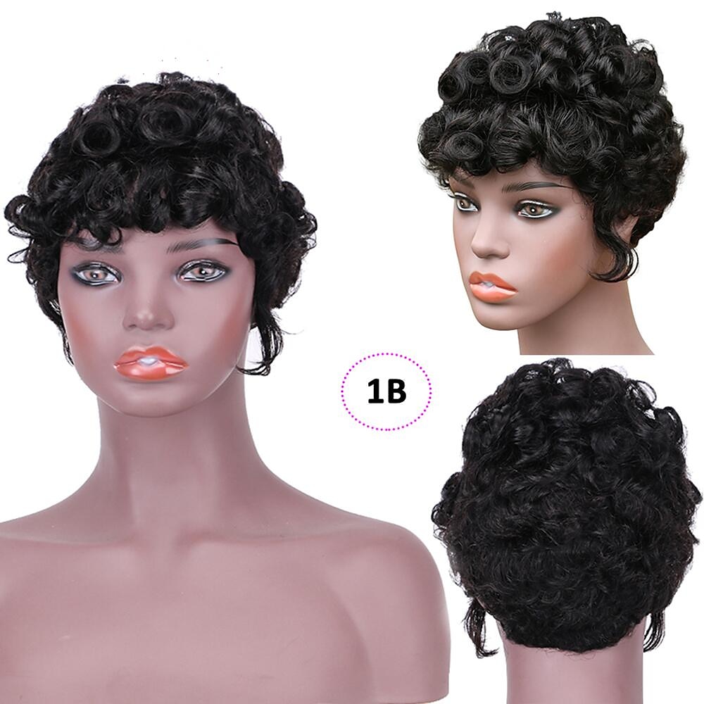 2026年 人毛ウィッグ フルマシン 強打 ルーズカール ピクシーカット 女性用 130% ブラジリアンヘア キャップレス 人毛ウィッグ なし レースウィッグ ブラック#1b デイリーウィッグ  コレクション – $42.99 –P5