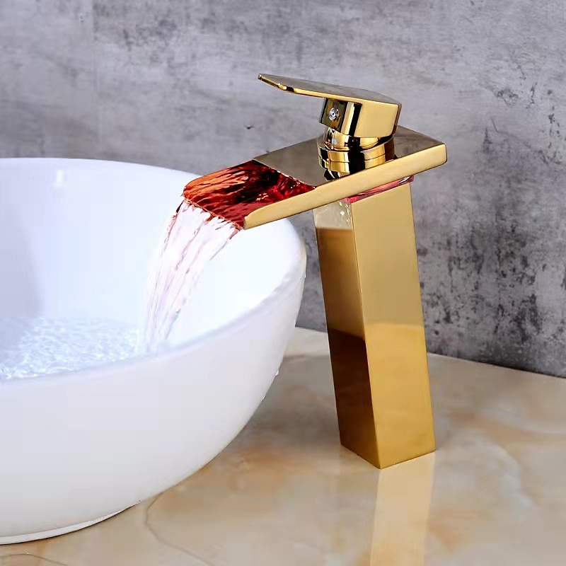 Bathroom Vessel Faucet Tall LED Waterfall Spout 3 Color Changes with Temperature, Sink Mixer Mono Basin Taps, Single Handle One Hole Brass Washroom Vessel Tap Deck Mounted 2025 - $145.99 –P9