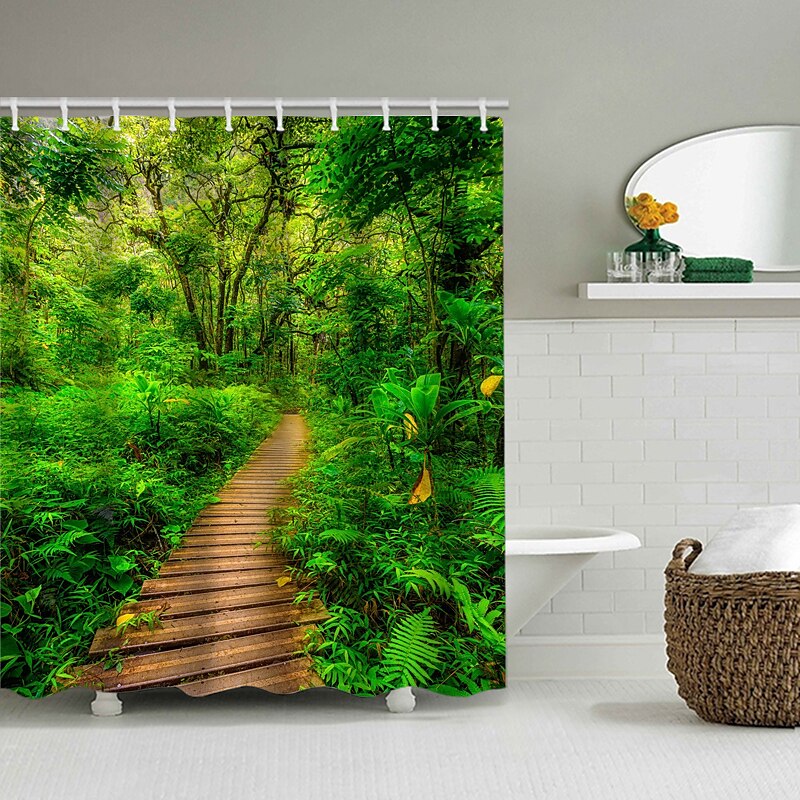 200 cm hoch duschvorhang waschbar Wunderschöner duschvorhang blatt Landschaft Naturdruck wasserdichter Duschvorhang moderner Polyester maschineller Badezimmer mit Haken 2025 - $27.99 –P5