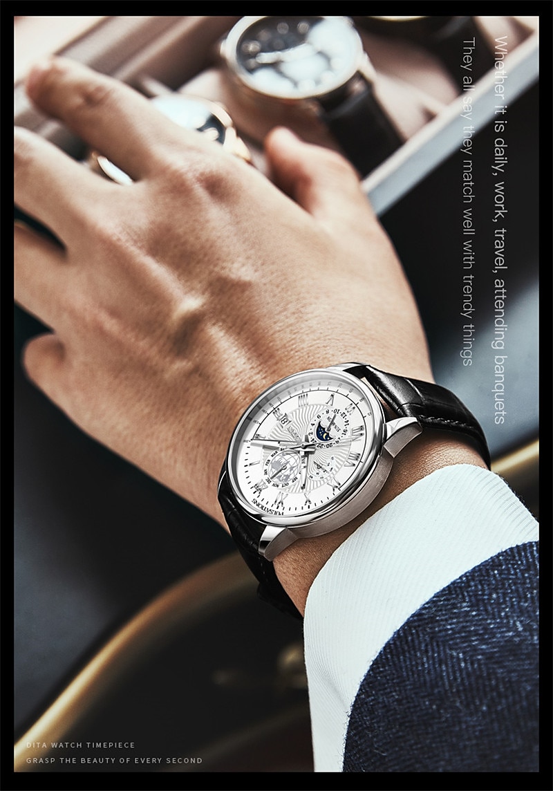 Mechanical Watch for Men Business Luxury Analog Wristwatch CalendarAutomatic Self-winding Moon Phase Waterproof Noctilucent Genuine Leather Watch Gift 2025 - $132.99 –P13