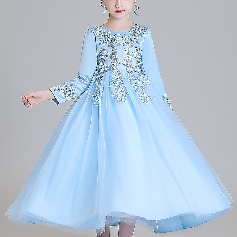 Blumenmädchenkleid Mädchen Kleid Prinzessinenkleid Party Kleid Formal Hochzeit Party Elegant Kuschelig Ausgefallene Kindertag Gitter Blumen Langarm Rundhalsausschnitt Beige Weiß 2025 - $45.99 –P3