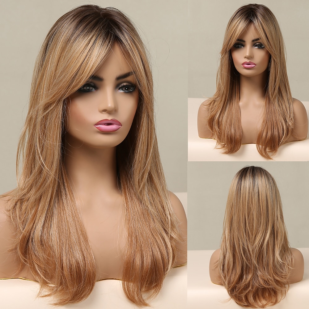 blondi peruukit otsatukkailla pitkät suorat peruukit ombre musta blondi saarniperuukit otsatukkalla lämmönkestävät synteettiset peruukit afroamerikkalaisille naisille joulujuhlaperuukit barbiecore 2025 - $31.99 –P6
