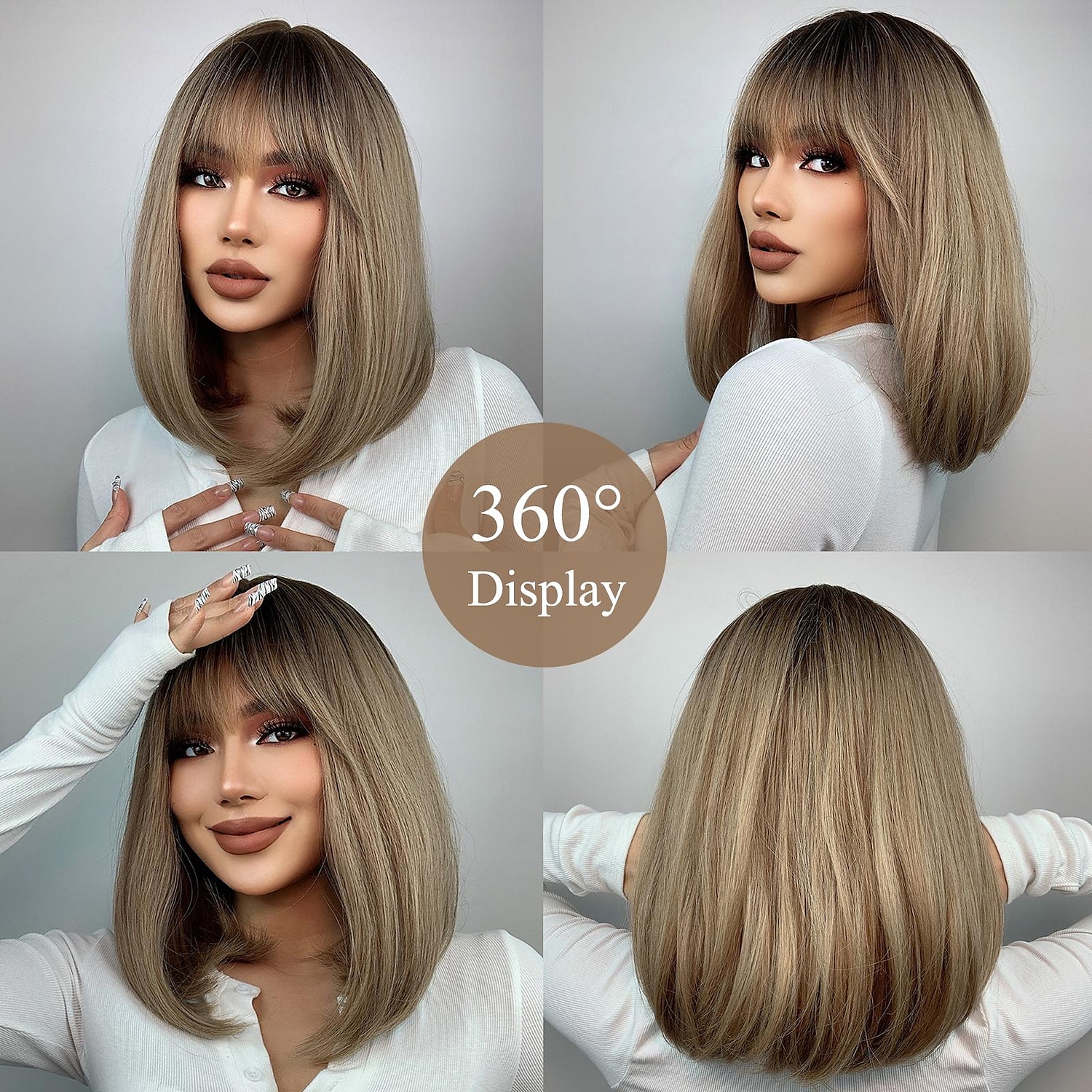 synthetische pruik natuurlijk recht met pony pruik 16 inch ombre bruin synthetisch haar vrouwen natuurlijke mode pluizig bruin 2025 - $32.99 –P5