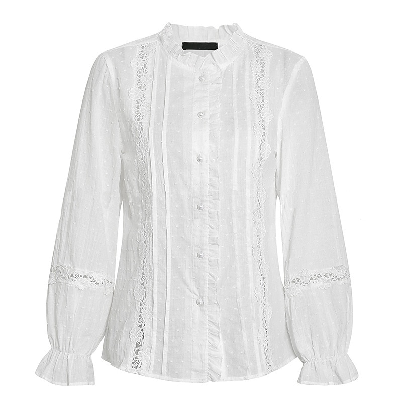 Damen Hemd Spitzenhemd Bluse Ösen Top Elegant Vintage Mode Spitze Patchwork Knöpfe Langarm Normale Oberteile Alltag Wochenende Weiß Frühling Herbst 2025 - $28.99 –P7