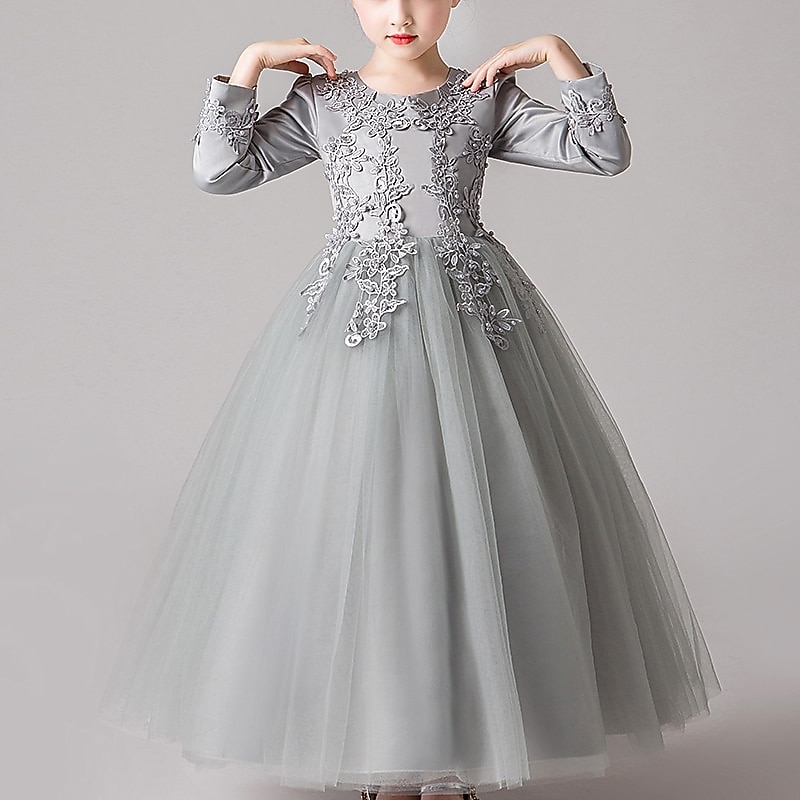 Blumenmädchenkleid Mädchen Kleid Prinzessinenkleid Party Kleid Formal Hochzeit Party Elegant Kuschelig Ausgefallene Kindertag Gitter Blumen Langarm Rundhalsausschnitt Beige Weiß 2025 - $45.99 –P6