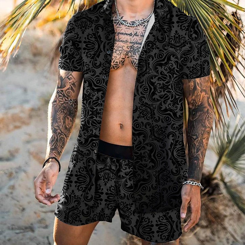 Voor heren Bloemig Overhemden Sets Overhemdset Grafisch overhemd Aloha-shirt Korte mouw Strijkijzer Modieus Ontwerper Casual Buiten Straat Dagelijks Afdrukken Button-omlaag Zomer Lente Zwart / Grijs 2025 - $31.99 –P1