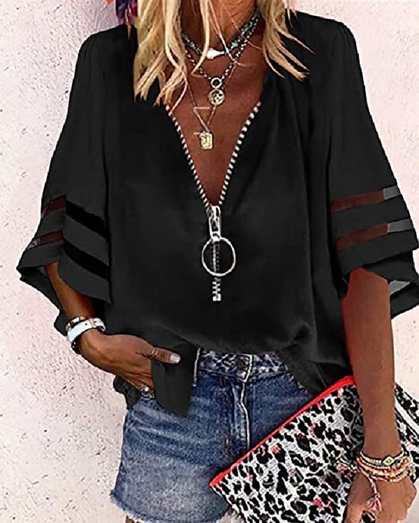Mujer Camisa Blusa Negro Blanco Amarillo Plano A Rayas Cremallera Manga 3/4 Diario Festivos Básico Negocios Casual Escote en Pico S 2025 - $31.99 –P2