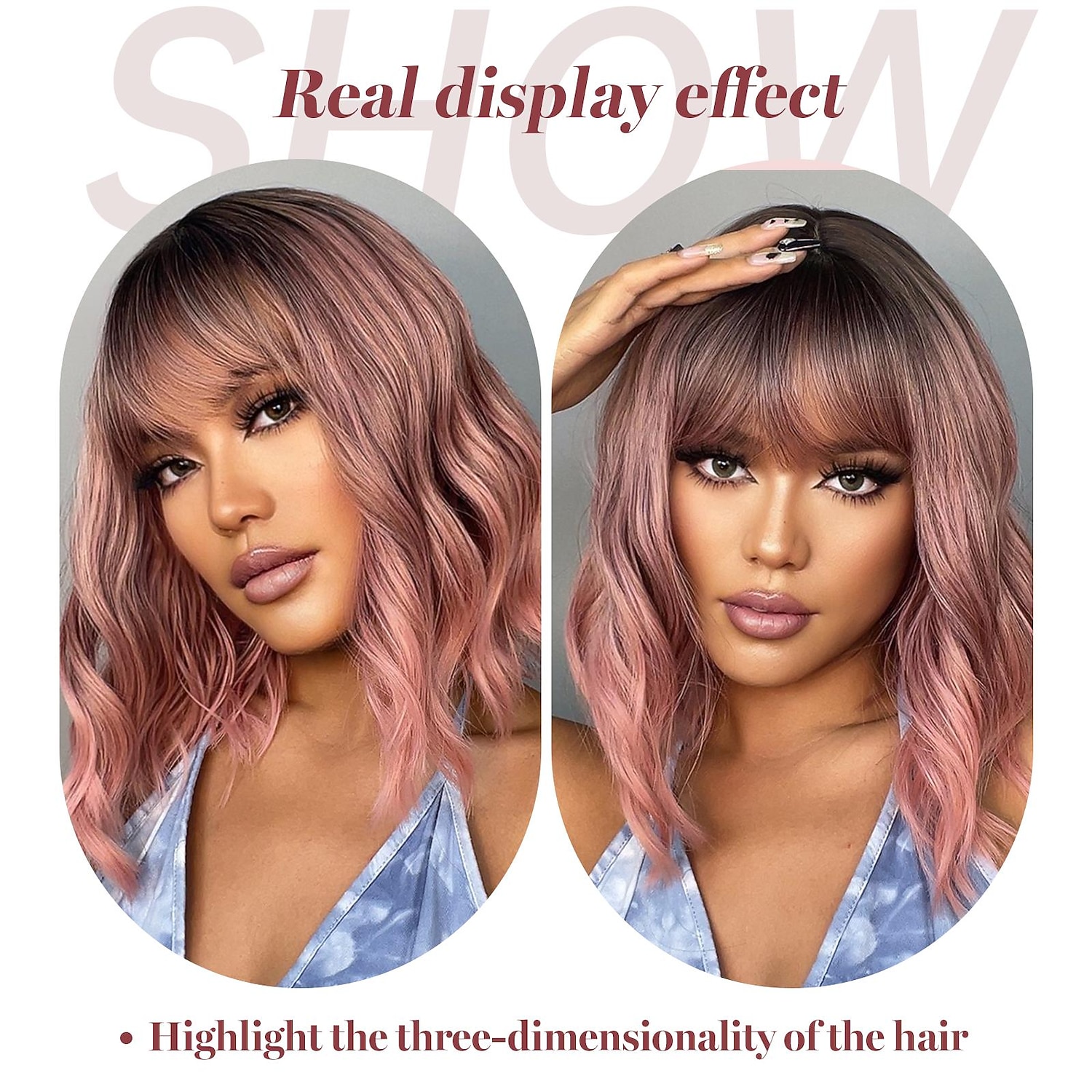 Pink Ombre Brown Auburn Wine Green Bob Wig with Bangs for African American Women 18inch Synthetic Curly Wigs Natural Scalp Daily Party Christmas Wigs 2026 - $27.99 –P3