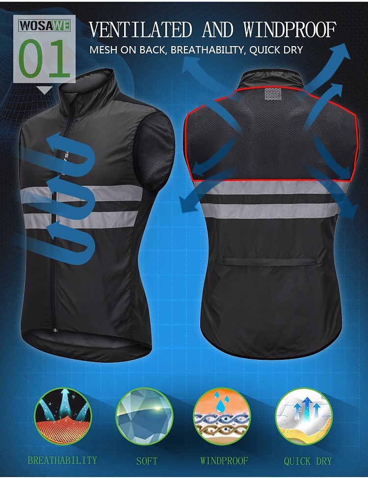 WOSAWE Men's Cycling Jersey Cycling Vest Sleeveless Mountain Bike MTB Road Bike Cycling Green Black Dark Blue Bike Vest / Gilet Jersey Windproof Breathable Lightweight Reflective Strips Back Pocket 2025 - $25.59 –P4