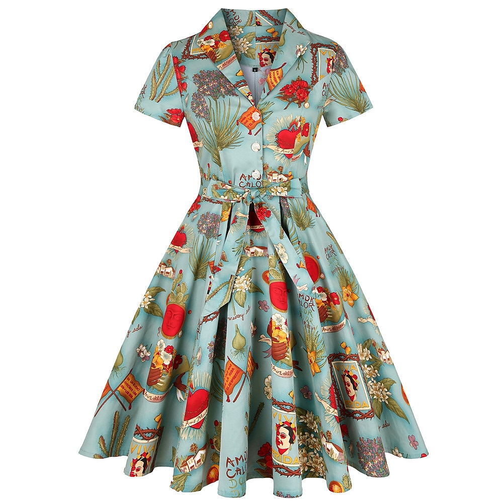 retro vintage 1950-es évek vakációs ruha flare ruha női jelmez vintage cosplay alkalmi mindennapi rövid ujjú ruha maskara 2025 - $53.99 –P5