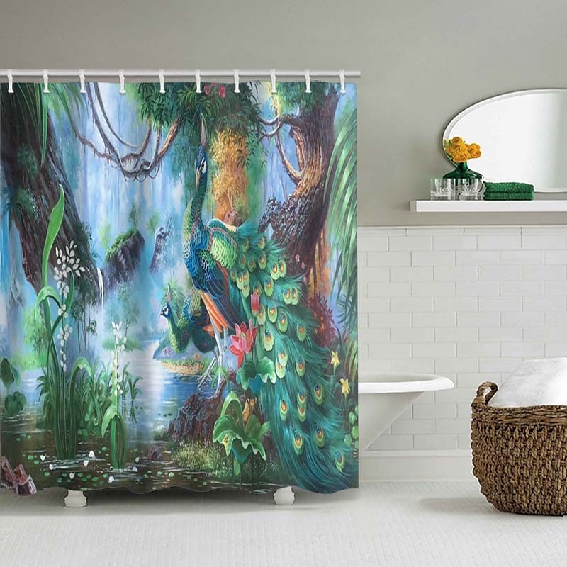 Forest Peacock Rainforest Shower Curtain,Plant Printing Shower Curtain Hook  Modern Polyester Machined Waterproof Bathroom 2024 - $18.99