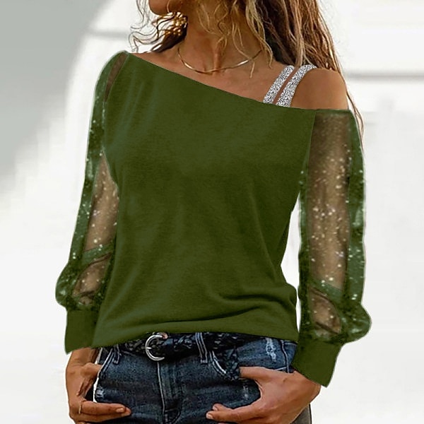 Mulheres Camiseta Preto Vinho Azul Tecido Com Transparência Patchwork Manga Longa Para Noite Final de semana Um Ombro Sensual Estilo Praia Assimétrico Padrão S de 2025 por $21.99 –P2
