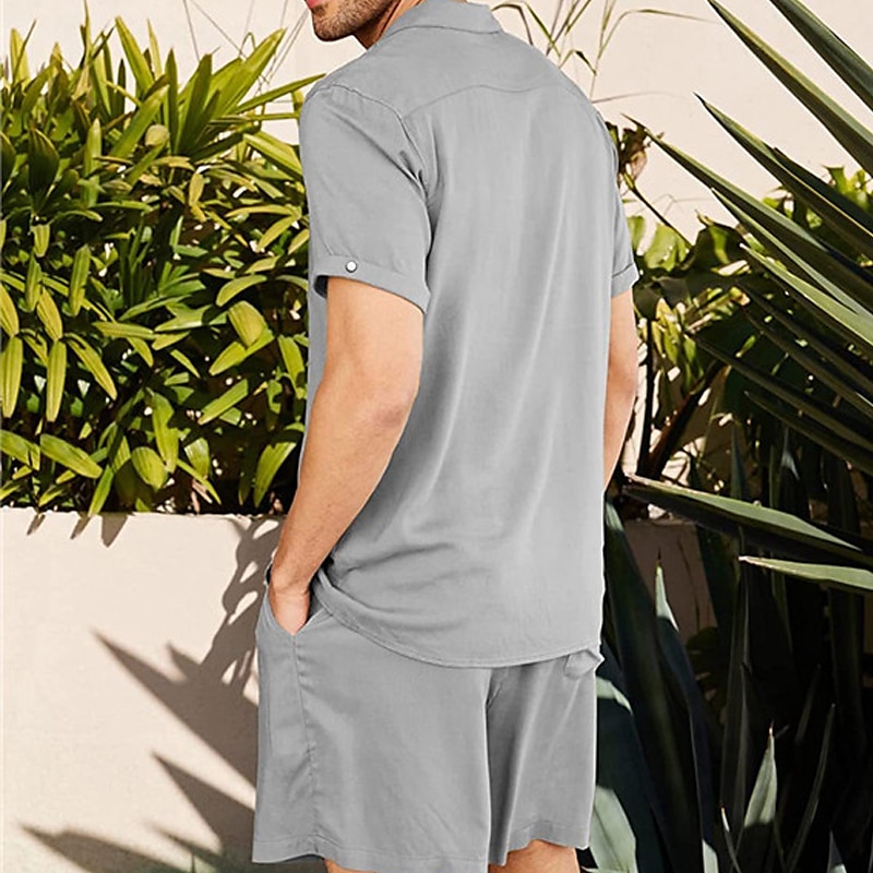 Herr linneskjorta Linneskjorta i bomull Vit bomullsskjorta 2 delar Skjorta set Sommarskjorta Slät Utomhus Gata Svart Vit Armégrön Beige Kortärmad Nedvikt Sommar Kläder Button-Down 2025 - $27.99 –P9