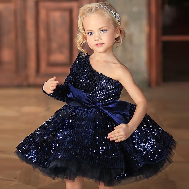 Kids Girls' Dress One Shoulder Sequins A Line Dress Party Birthday Ruched Mesh Navy Blue Above Knee Short Sleeve Princess Cute Dresses Fall Summer Regular Fit 3-12 Years dress to impress 2025 2025 - $82.99 –P3