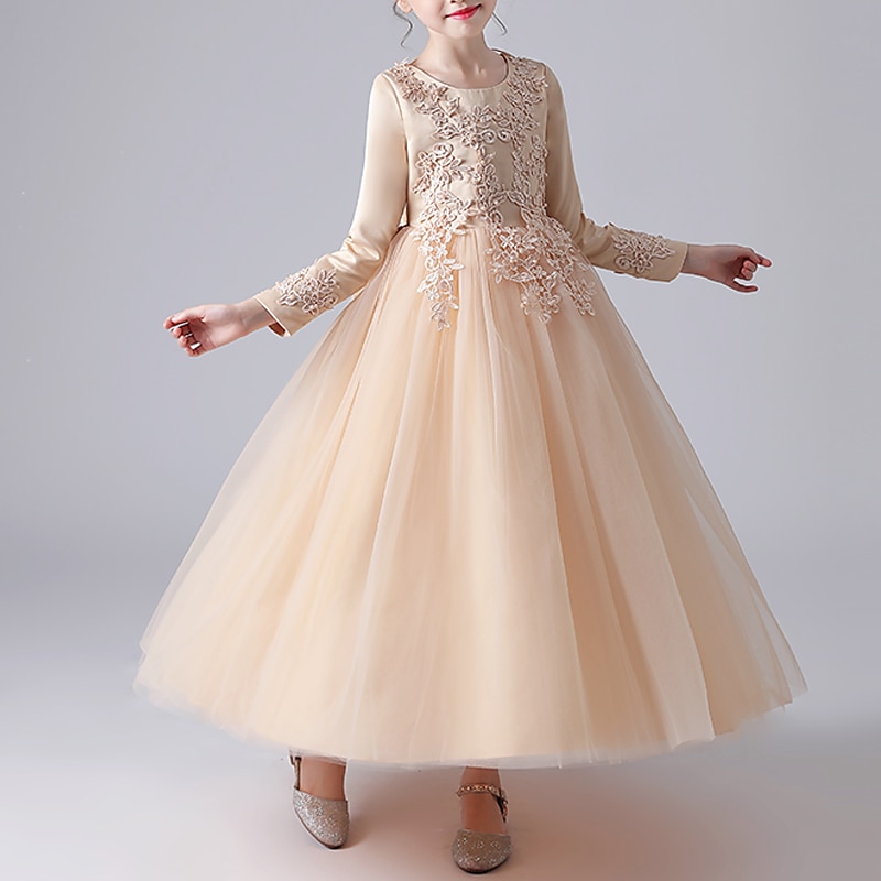Blumenmädchenkleid Mädchen Kleid Prinzessinenkleid Party Kleid Formal Hochzeit Party Elegant Kuschelig Ausgefallene Kindertag Gitter Blumen Langarm Rundhalsausschnitt Beige Weiß 2025 - $45.99 –P4