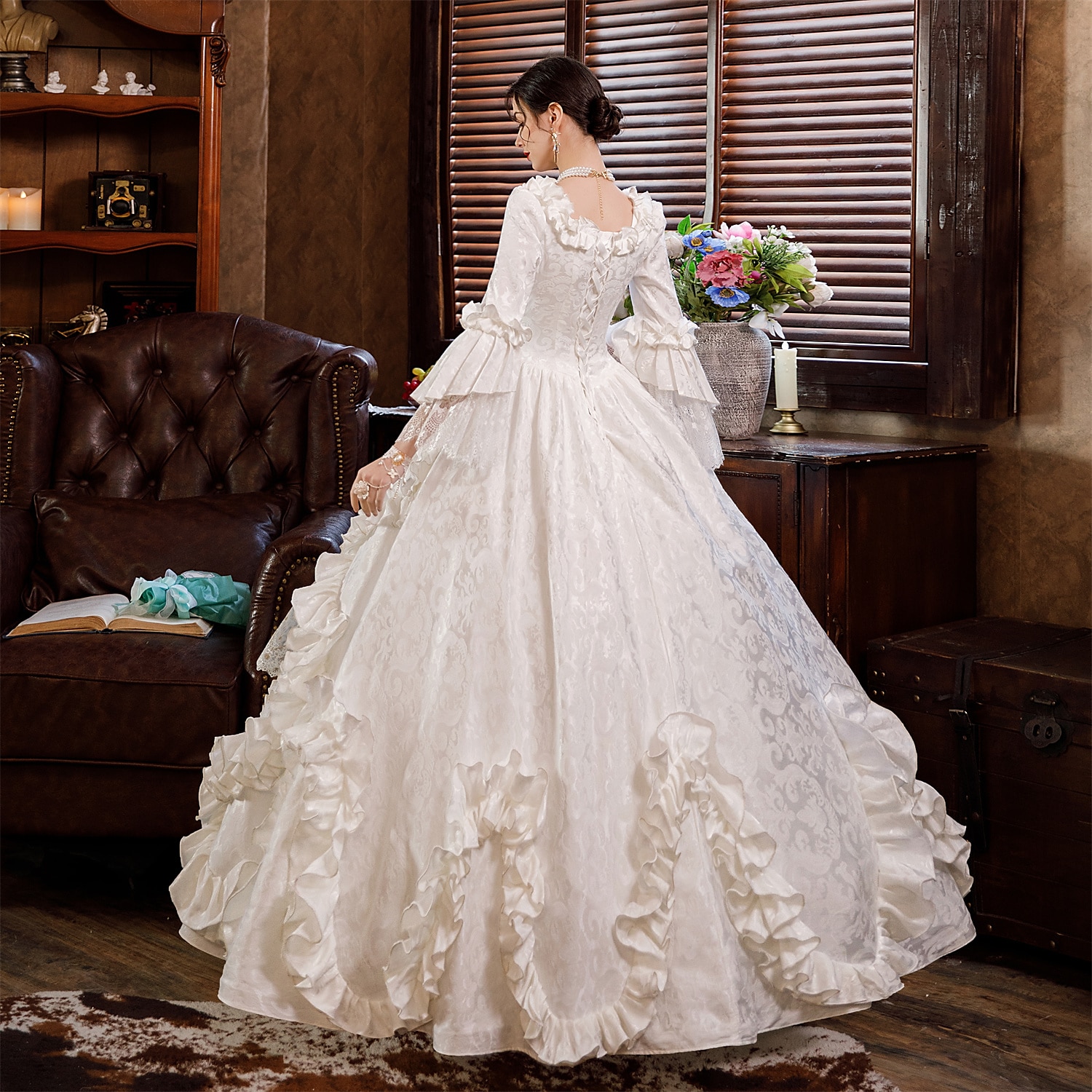 Rokoko Viktorianisch Vintage inspiriert Bodenlang Kleid Partykostüm Maskerade Trompetenärmel Prinzessin Shakespeare Braut Einfarbig Ballkleid Quadrathals Kostüm Damen Weihnachten Karneval Maskerade 2026 - $294.59 –P6