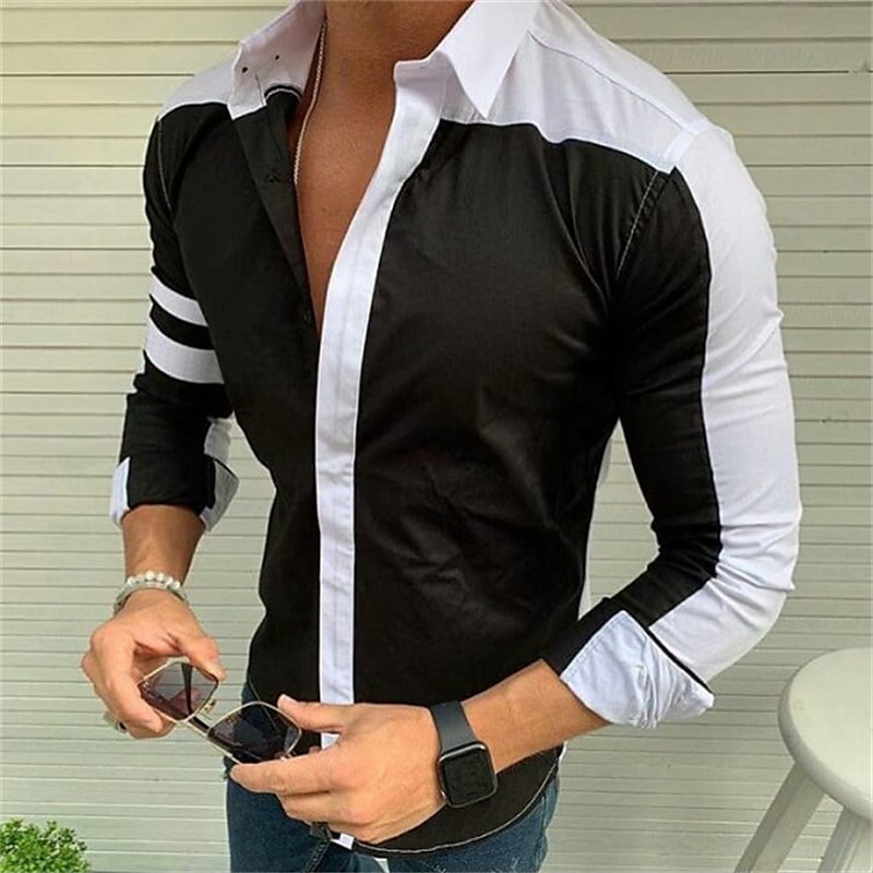 Herren Hemd Sommerhemd Knopfhemd Schwarz / Weiß Marineblau Grau Langarm Farbblock Umlegekragen Outdoor Straße Button-Down Bekleidung Polyester Mode Lässig Atmungsaktiv Bequem 2025 - $21.99 –P1