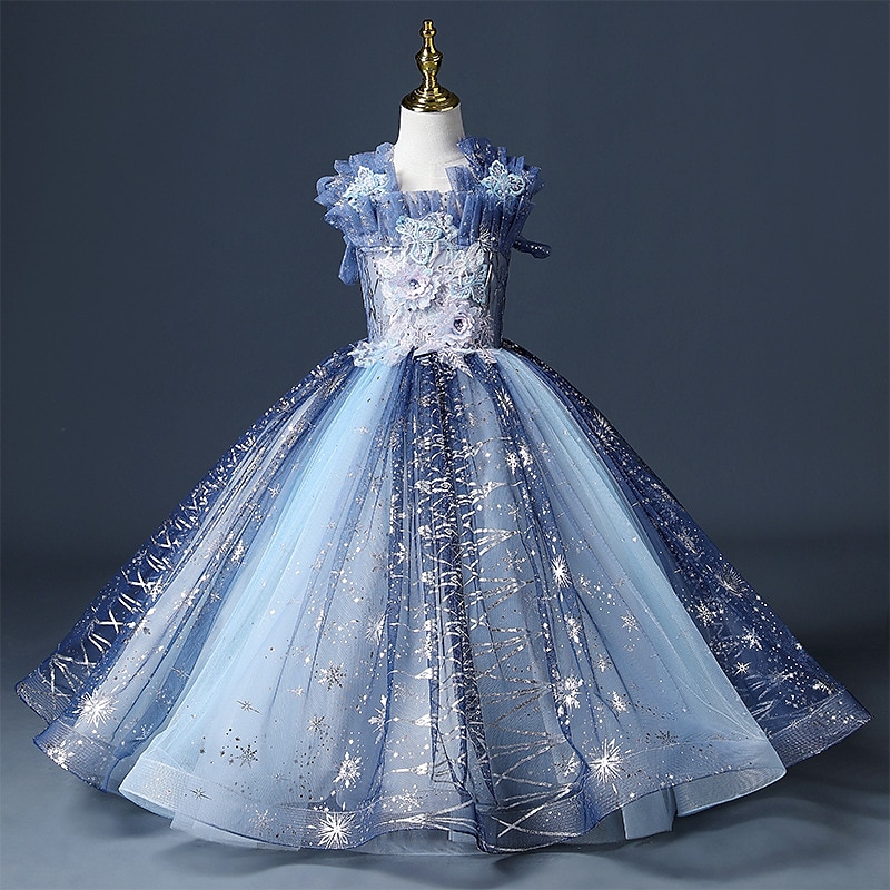 Elegant Light Blue Flowers Girls Dresses Glitter Sequin Square Neckline  Mini Dance Dress A-line Short Kids Birthday Party Dress - AliExpress