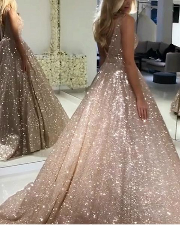 Ballgown baldräkter lyxig klänning quinceanera födelsedag svep-/borstsläp ärmlös V-hals tyl V-bak med paljetter maskeraddräkt 2025 - $229.99 –P5