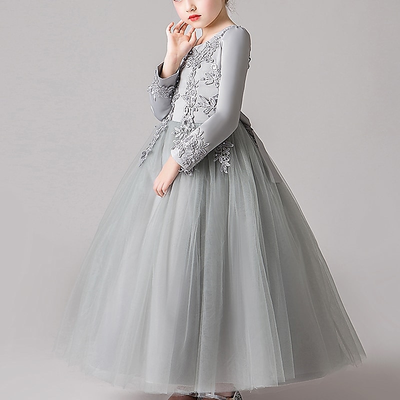 Blumenmädchenkleid Mädchen Kleid Prinzessinenkleid Party Kleid Formal Hochzeit Party Elegant Kuschelig Ausgefallene Kindertag Gitter Blumen Langarm Rundhalsausschnitt Beige Weiß 2025 - $45.99 –P2