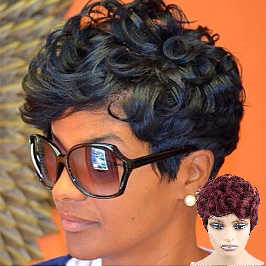 perruques de cheveux courts ondulés courtes perruques de lutin coupe de lutin perruques pour femmes perruques synthétiques naturelles moelleuses frange noire de 2025 ? $24.99 –P6