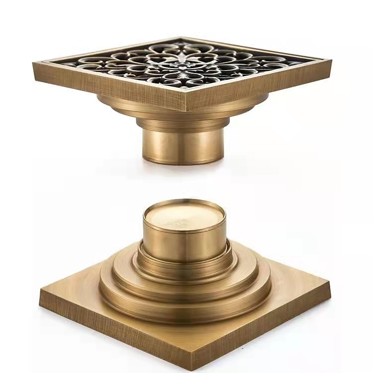 Badezimmer-Bodenablauf aus Messing, 10 cm, kunstgeschnitztes Blumenmuster, quadratischer Duschwannenablauf, Siebabdeckung, Rostablauf mit abnehmbarer Abdeckung für das Hotelhaus 2025 - $37.99 –P1