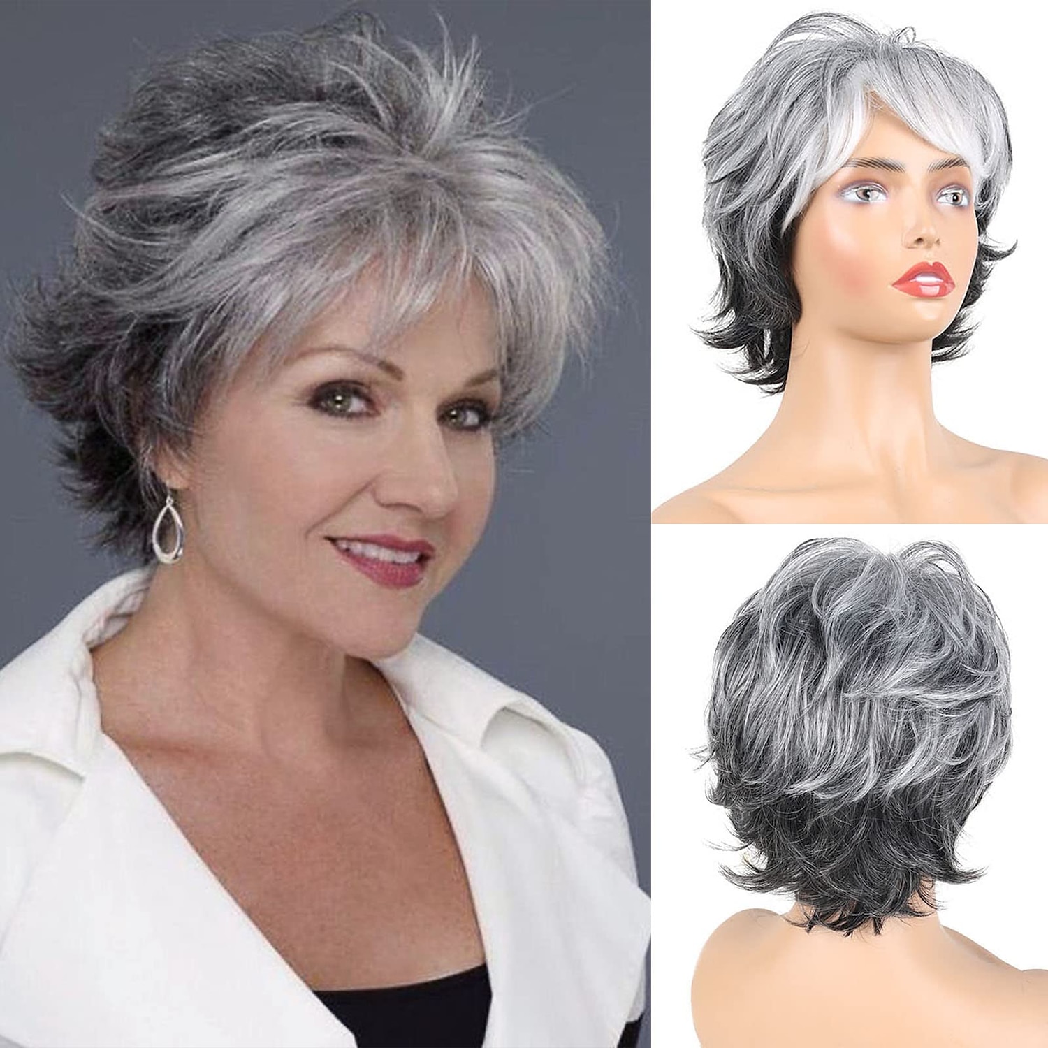 Gray Wigs Short Grey Wigs for White Women Pixie Cut Wig with Bangs Gray Hair  Wigs for Women Gray Ombre Synthetic Curly Hair Wig Gray Pixie Wigs for  White Women Fluffy Layered