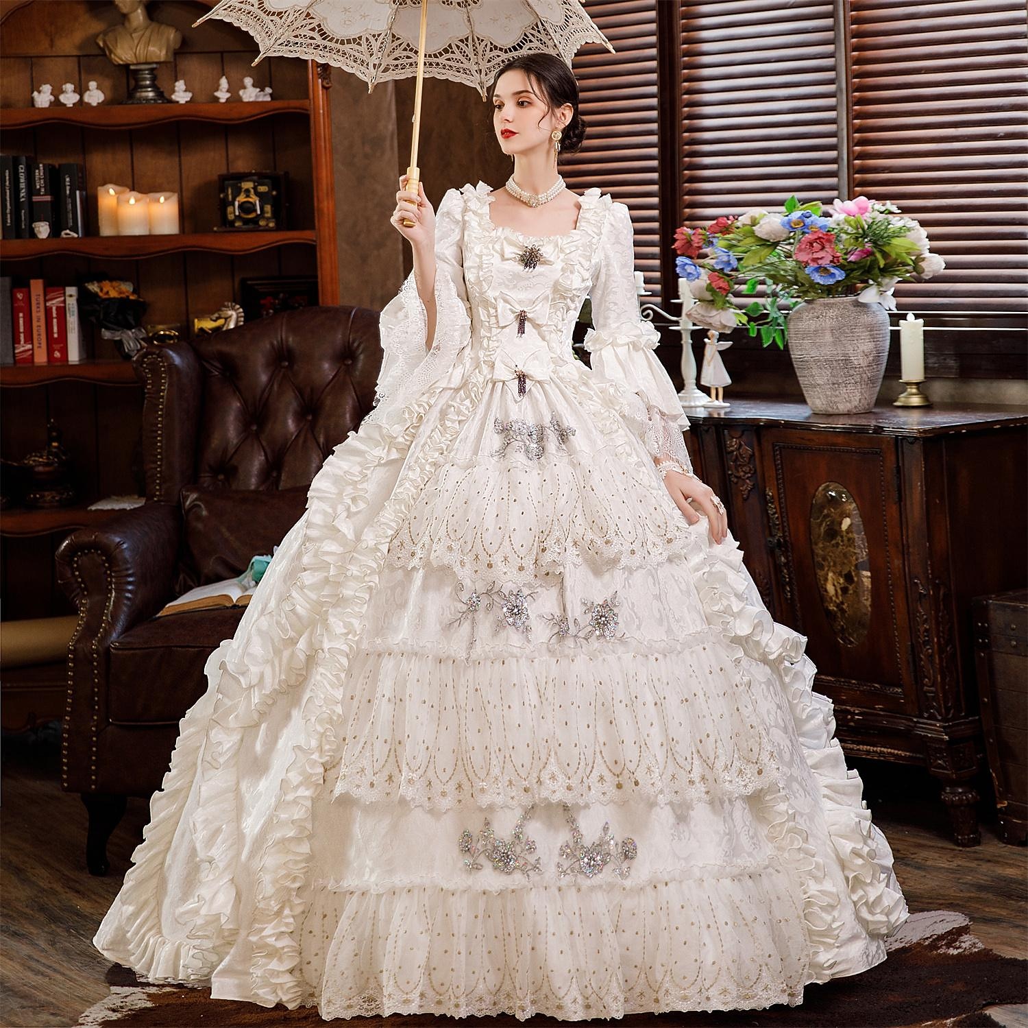 Rokoko Viktorianisch Vintage inspiriert Bodenlang Kleid Partykostüm Maskerade Trompetenärmel Prinzessin Shakespeare Braut Einfarbig Ballkleid Quadrathals Kostüm Damen Weihnachten Karneval Maskerade 2026 - $294.59 –P3