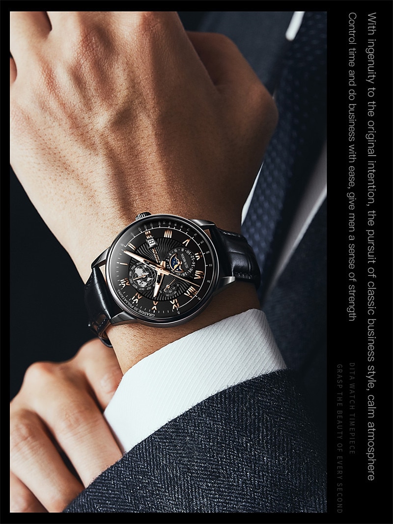 Mechanical Watch for Men Business Luxury Analog Wristwatch CalendarAutomatic Self-winding Moon Phase Waterproof Noctilucent Genuine Leather Watch Gift 2025 - $132.99 –P12