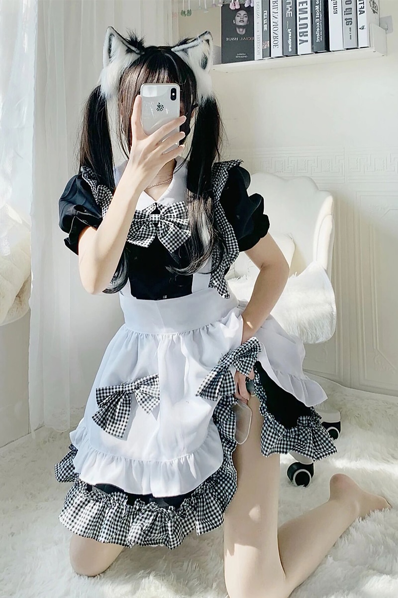 Lolita Słodka Lolita Puszysta Casual Lolita Sukienka Strój pokojówki Damskie Japoński Kostiumy Cosplay Czarny Jednokolorowe Krótki rękaw / Fartuch / Fartuch 2025 - $65.99 –P6