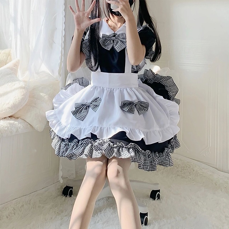 Lolita Słodka Lolita Puszysta Casual Lolita Sukienka Strój pokojówki Damskie Japoński Kostiumy Cosplay Czarny Jednokolorowe Krótki rękaw / Fartuch / Fartuch 2025 - $65.99 –P4