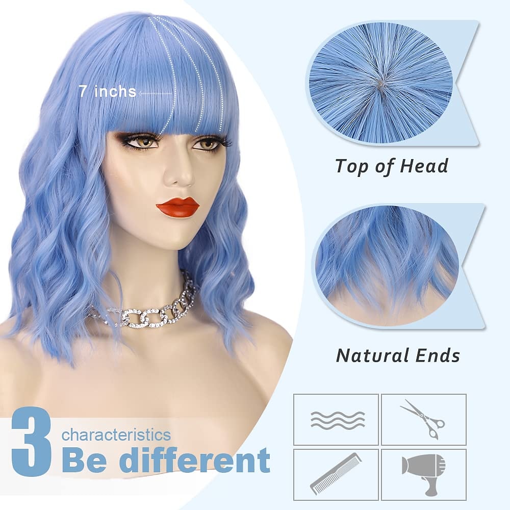 hete roze pruik met pony korte bob golvend krullend pruik schouderlengte hete roze pruiken voor vrouwen synthetisch haar kleurrijke pruik voor halloween kostuum cosplay 14 inch 2025 - $20.99 –P19