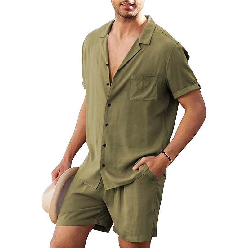 Herr linneskjorta Linneskjorta i bomull Vit bomullsskjorta 2 delar Skjorta set Sommarskjorta Slät Utomhus Gata Svart Vit Armégrön Beige Kortärmad Nedvikt Sommar Kläder Button-Down 2025 - $27.99 –P10