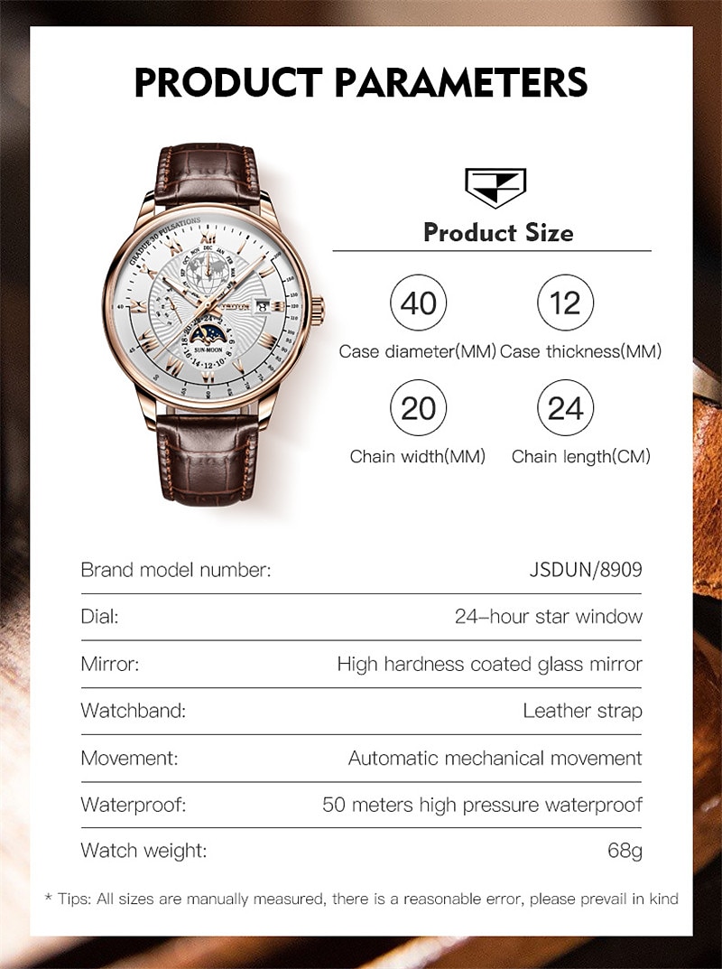 Mechanical Watch for Men Business Luxury Analog Wristwatch CalendarAutomatic Self-winding Moon Phase Waterproof Noctilucent Genuine Leather Watch Gift 2025 - $132.99 –P15