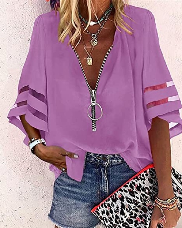 Mujer Camisa Blusa Negro Blanco Amarillo Plano A Rayas Cremallera Manga 3/4 Diario Festivos Básico Negocios Casual Escote en Pico S 2025 - $31.99 –P3