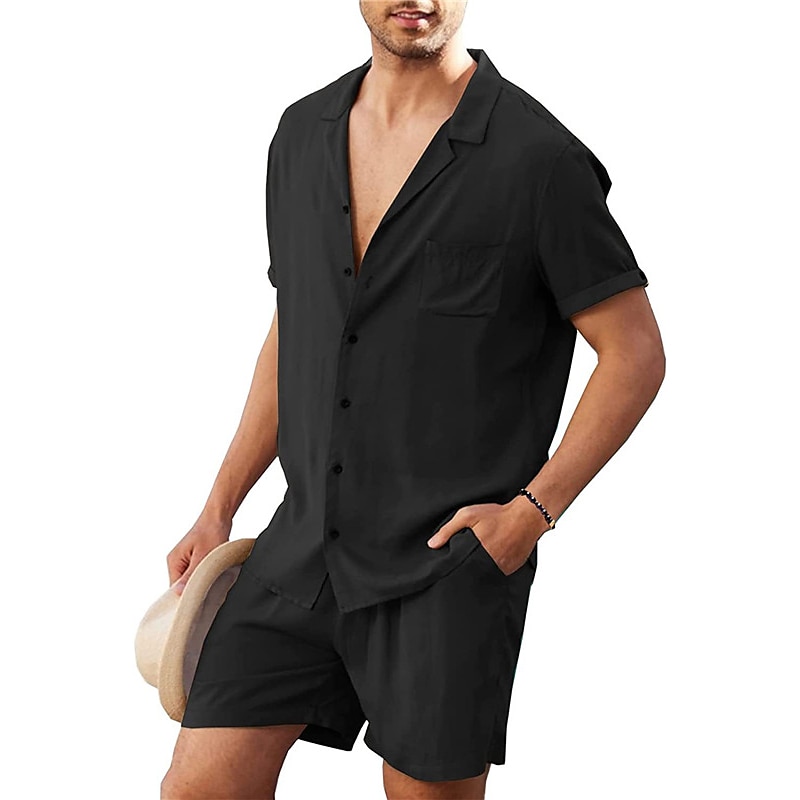 Herr linneskjorta Linneskjorta i bomull Vit bomullsskjorta 2 delar Skjorta set Sommarskjorta Slät Utomhus Gata Svart Vit Armégrön Beige Kortärmad Nedvikt Sommar Kläder Button-Down 2025 - $27.99 –P4
