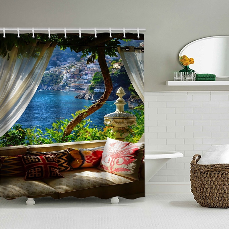 200 cm hoch duschvorhang waschbar Wunderschöner duschvorhang blatt Landschaft Naturdruck wasserdichter Duschvorhang moderner Polyester maschineller Badezimmer mit Haken 2025 - $27.99 –P7