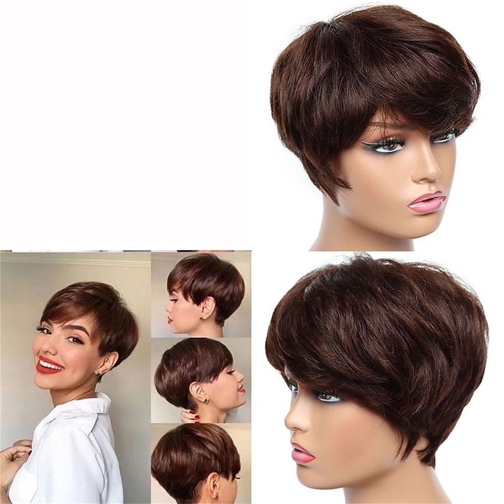 Human Hair Wig Short Natural Wave With Bangs Black Burgundy Dark Brown Soft Party Women Capless Brazilian Hair Women's Natural Black #1B Black / Grey Medium Brown#4 6 inch Party / Evening Daily Daily 2025 - $39.99 –P3