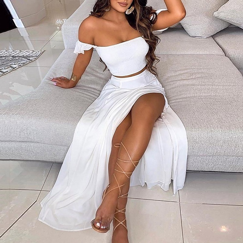 robe longue femme maxi robe plume blanche points verts plume de paon sans manches couleur pure split printemps été épaule dénudée mode 2023 s m l xl xxl xxxl de 2025 ? $33.99 –P3