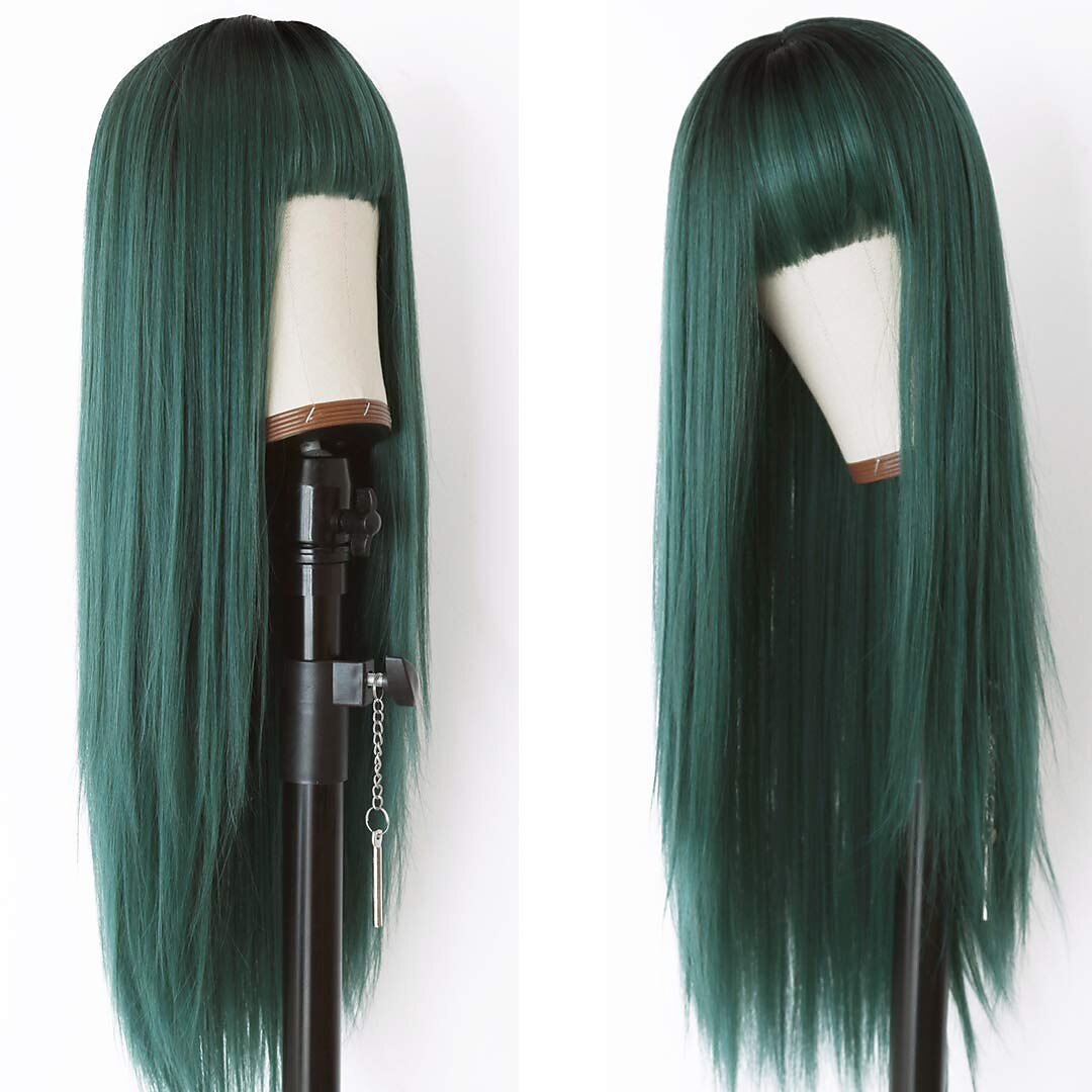 groene pruik steil haar pruik met lucht pony machine pruik diepe wortel gradiënt groen 2 kleuren lange hittebestendige vezel synthetisch haar lijm gratis 24 inch 2025 - $28.99 –P3