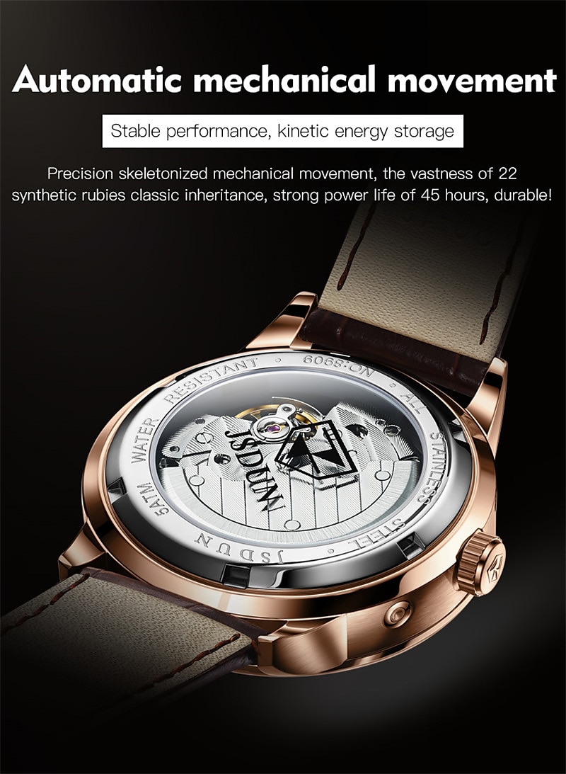 Mechanical Watch for Men Business Luxury Analog Wristwatch CalendarAutomatic Self-winding Moon Phase Waterproof Noctilucent Genuine Leather Watch Gift 2025 - $132.99 –P2