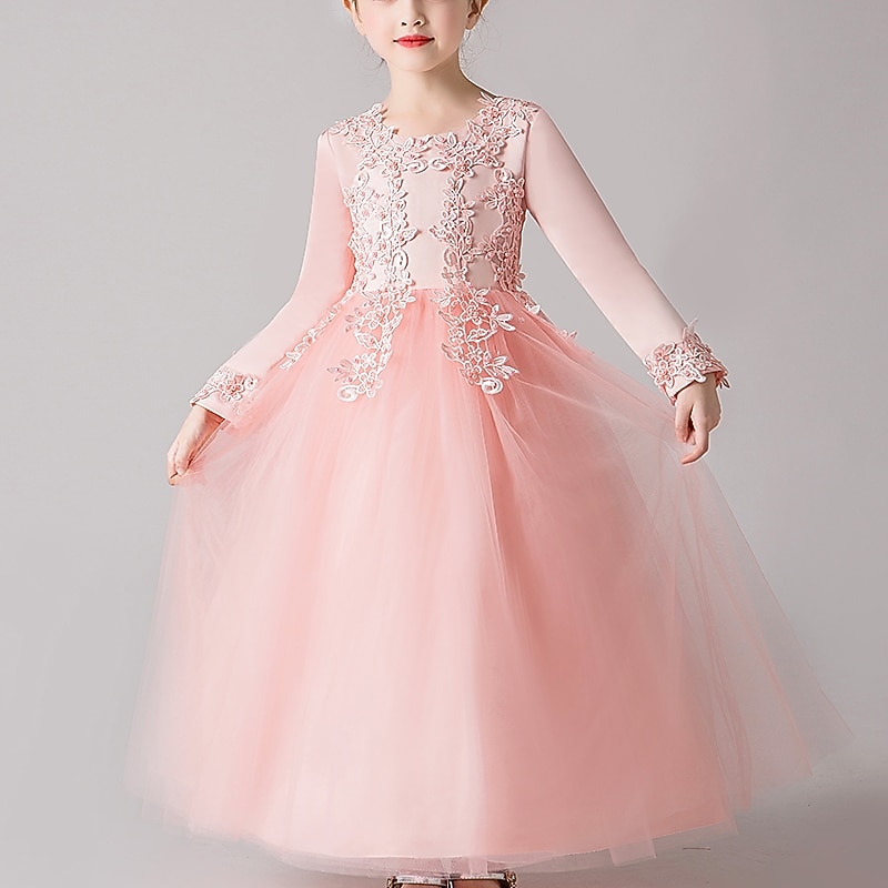 Blumenmädchenkleid Mädchen Kleid Prinzessinenkleid Party Kleid Formal Hochzeit Party Elegant Kuschelig Ausgefallene Kindertag Gitter Blumen Langarm Rundhalsausschnitt Beige Weiß 2025 - $45.99 –P8