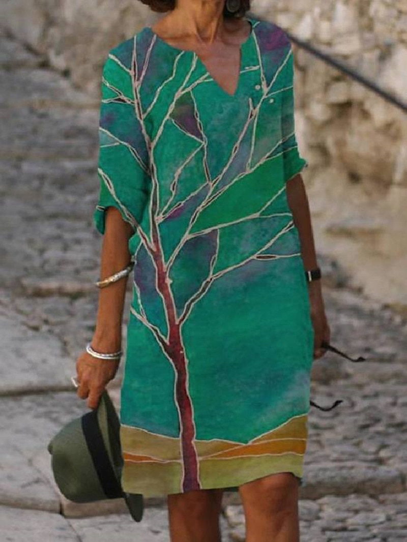Women's Mini Dress Petite Dress T Shirt Dress Tee Dress Shift Dress Summer Dress Bohemia Modern Boho Vacation Work Casual Regular Fit Floral Tree Half Sleeve V Neck Blue Green Gray Summer 2025 - $26.99 –P2