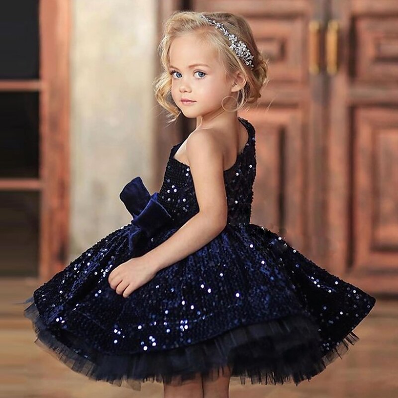 Kids Girls' Dress One Shoulder Sequins A Line Dress Party Birthday Ruched Mesh Navy Blue Above Knee Short Sleeve Princess Cute Dresses Fall Summer Regular Fit 3-12 Years dress to impress 2025 2025 - $82.99 –P2