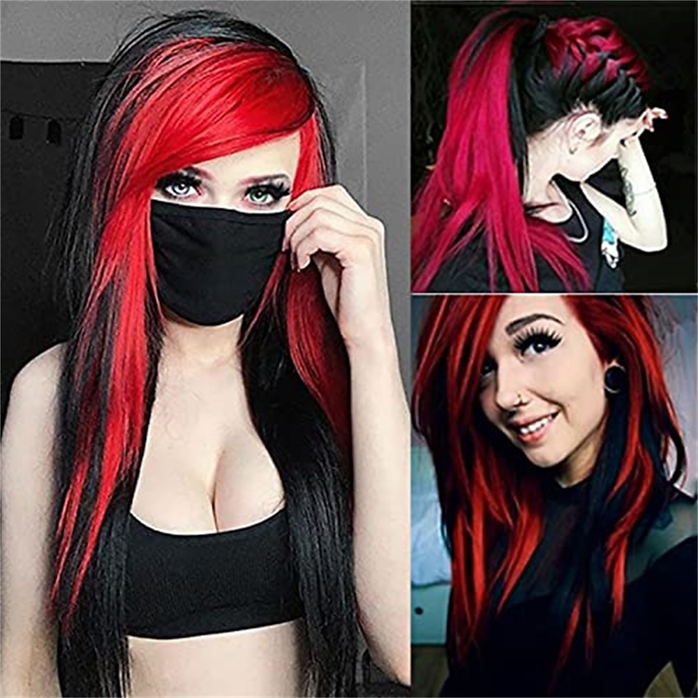 Perruques bleues longues bleu noir perruque soyeuse droite synthétique résistant à la chaleur côté frange cheveux perruques pour femmes filles halloween perruques de 2025 ? $24.99 –P11