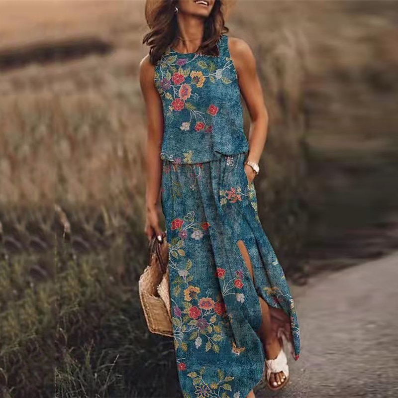 Femme Robe longue maxi Robe casual Robe ethnique robe boheme mode Décontractées Extérieur Vacances du quotidien Ample Floral à imprimé arc-en-ciel Sans Manches Col Ras du Cou Jaune Rose Claire Bleu de 2025 ? $23.99 –P7