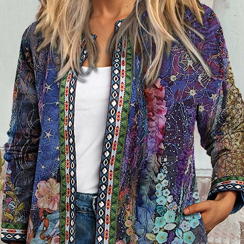 Women's Casual Jacket Fall Daily Holiday Winter Regular Coat Regular Fit Casual Baroque Jacket Long Sleeve Floral Print Blue 2023 - US $39.99 –P3