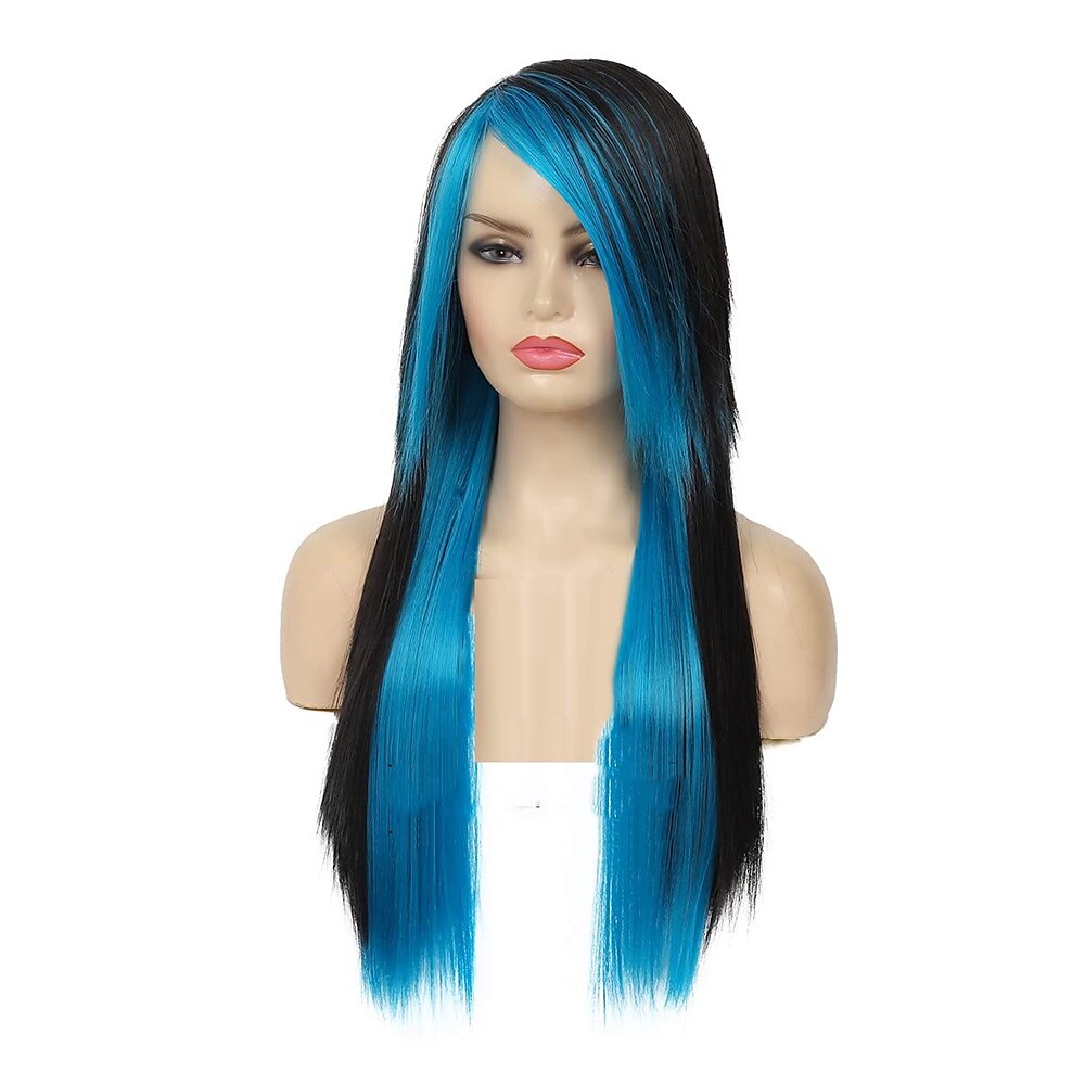 Perruques bleues longues bleu noir perruque soyeuse droite synthétique résistant à la chaleur côté frange cheveux perruques pour femmes filles halloween perruques de 2025 ? $24.99 –P3